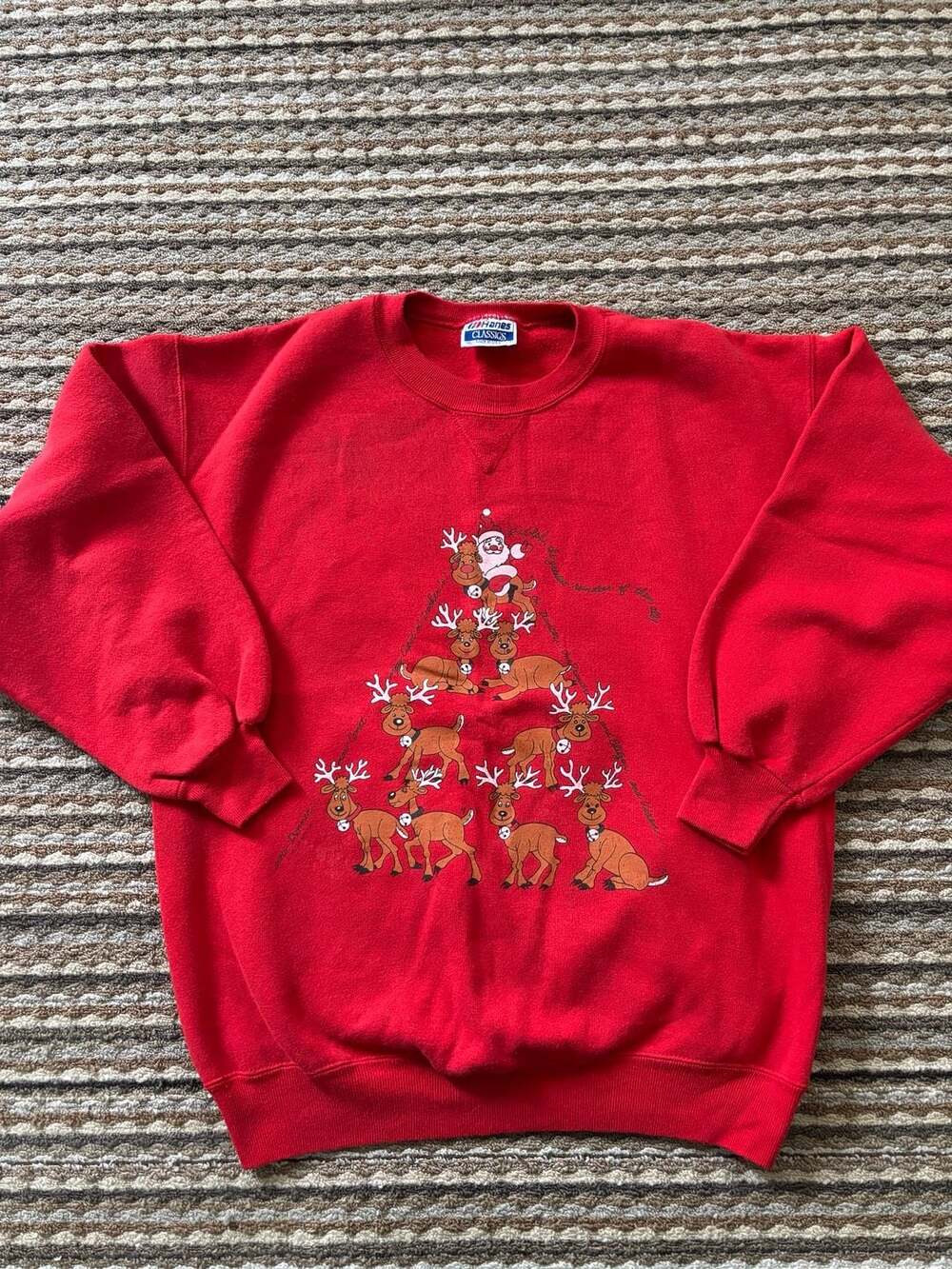 Vintage 1990s Hanes Classics Red Christmas Reindeer Tree Graphic Sweatshirt